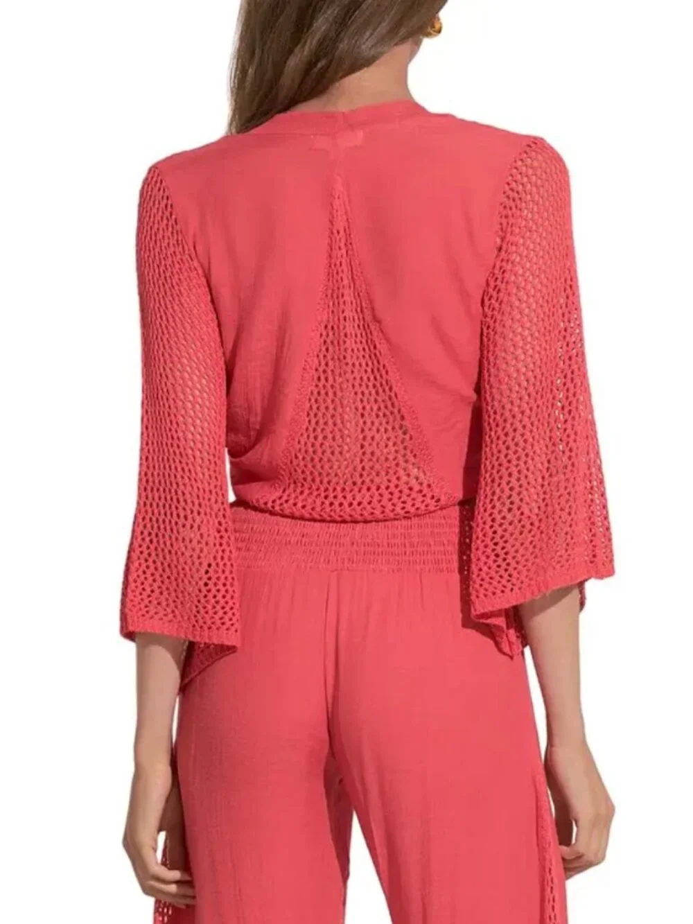 Elan | Tie Front Crocheted Top & Pull On Pants in Coral